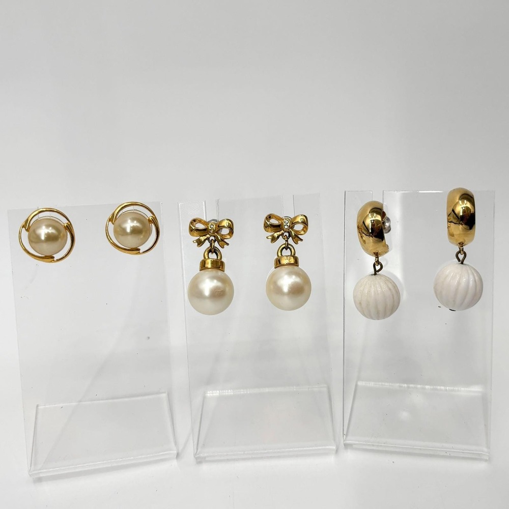 Lot of 3 Pairs Vintage Gold Tone Pearl Earrings – Bow, Hoop & Stud Styles - Picture 1 of 8
